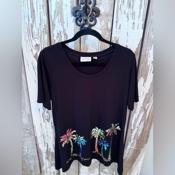 Dream Knit by Quaker Factory Palm Tree Sequin Top size  Medium Black - Picture 5 of 6